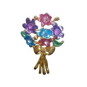 Vintage Pastel Floral Brooch Bouquet of Flowers Pin Enamel Blooms Rhinestone